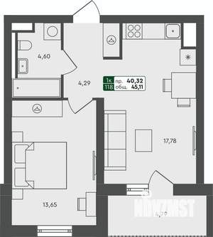 1-к квартира, строящийся дом, 45м2, 5/7 этаж