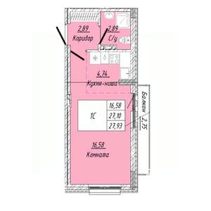 1-к квартира, строящийся дом, 28м2, 3/8 этаж