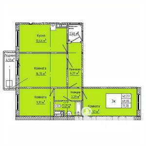 3-к квартира, вторичка, 71м2, 2/10 этаж