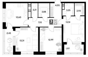 3-к квартира, строящийся дом, 80м2, 11/21 этаж