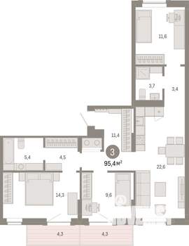 3-к квартира, вторичка, 95м2, 8/17 этаж