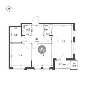 2-к квартира, вторичка, 57м2, 10/11 этаж