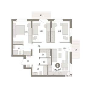 3-к квартира, вторичка, 90м2, 12/14 этаж