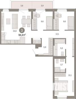 3-к квартира, вторичка, 94м2, 3/17 этаж