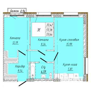 2-к квартира, строящийся дом, 58м2, 3/8 этаж