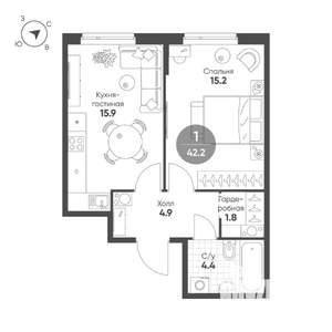 1-к квартира, строящийся дом, 42м2, 6/12 этаж