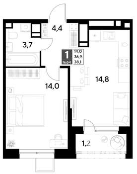 1-к квартира, строящийся дом, 38м2, 6/21 этаж