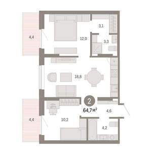 2-к квартира, вторичка, 65м2, 6/9 этаж