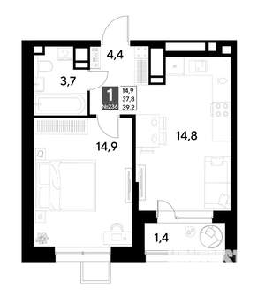 1-к квартира, строящийся дом, 39м2, 20/21 этаж