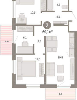 3-к квартира, вторичка, 69м2, 4/9 этаж