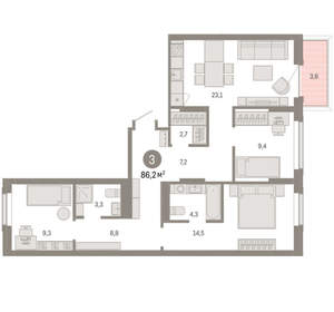 3-к квартира, вторичка, 86м2, 2/9 этаж