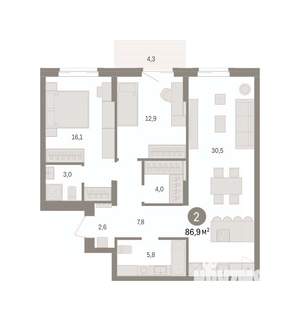 2-к квартира, вторичка, 87м2, 7/14 этаж