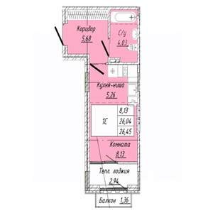 1-к квартира, строящийся дом, 26м2, 6/8 этаж