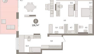 3-к квартира, сданный дом, 135м2, 1/17 этаж