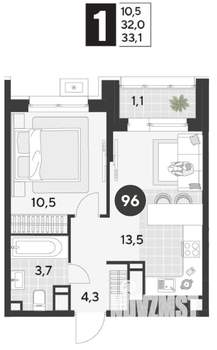 1-к квартира, строящийся дом, 33м2, 9/21 этаж