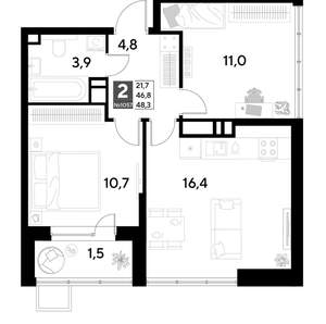 2-к квартира, строящийся дом, 48м2, 20/21 этаж