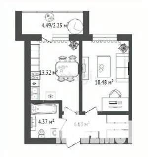 1-к квартира, строящийся дом, 46м2, 4/16 этаж