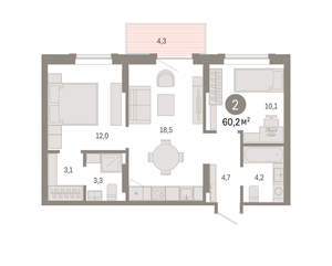 2-к квартира, вторичка, 60м2, 8/9 этаж