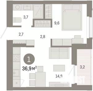 1-к квартира, вторичка, 37м2, 4/16 этаж