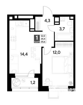 1-к квартира, строящийся дом, 36м2, 7/21 этаж