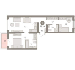 2-к квартира, вторичка, 63м2, 2/9 этаж