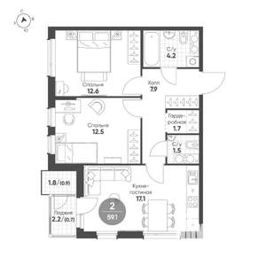 2-к квартира, вторичка, 59м2, 12/13 этаж