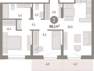 2-к квартира, вторичка, 66м2, 6/9 этаж