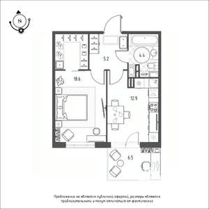 1-к квартира, строящийся дом, 43м2, 7/12 этаж