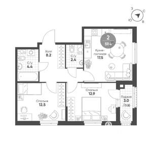2-к квартира, строящийся дом, 59м2, 4/12 этаж