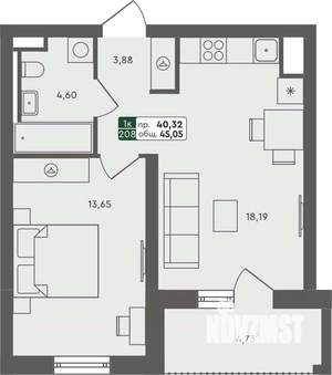 1-к квартира, строящийся дом, 45м2, 6/7 этаж