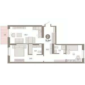 2-к квартира, вторичка, 72м2, 5/9 этаж