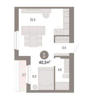 1-к квартира, вторичка, 40м2, 8/16 этаж