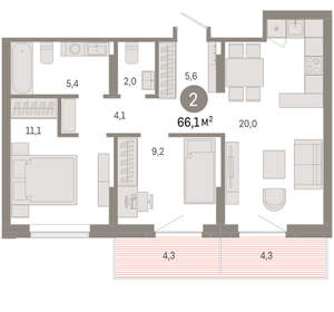 2-к квартира, вторичка, 66м2, 5/9 этаж