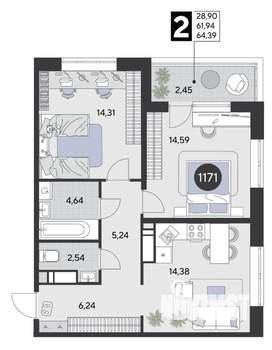 2-к квартира, строящийся дом, 64м2, 10/21 этаж