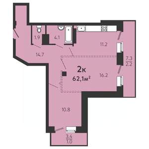 2-к квартира, строящийся дом, 59м2, 1/16 этаж