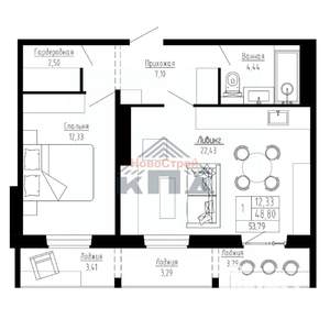 1-к квартира, строящийся дом, 54м2, 6/16 этаж