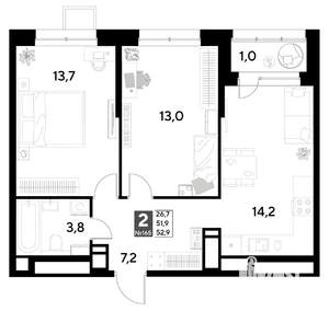 2-к квартира, строящийся дом, 53м2, 14/21 этаж