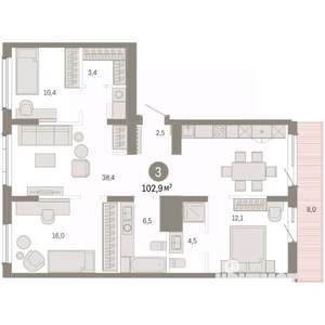 3-к квартира, вторичка, 103м2, 8/9 этаж