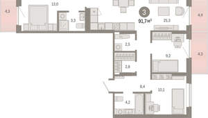 3-к квартира, вторичка, 92м2, 5/9 этаж