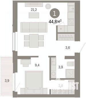 1-к квартира, вторичка, 45м2, 3/8 этаж