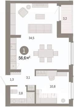 1-к квартира, вторичка, 57м2, 3/8 этаж