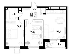 2-к квартира, строящийся дом, 62м2, 3/21 этаж